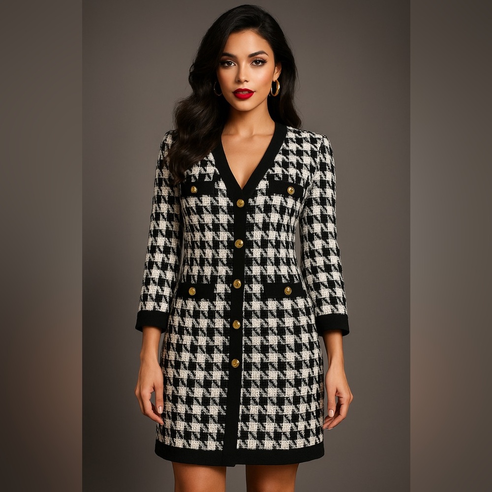 Shop the Mint Houndstooth Gold-Button Dress M Tweed Classic‎ MED Elegant Party